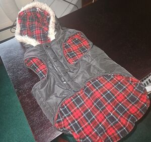 Plaid Dog Vest with Faux Fur Hood